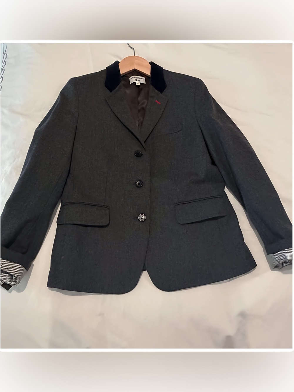 Ines de la Fressange x UNIQLO Gray Wool Blazer Velvet Collar M